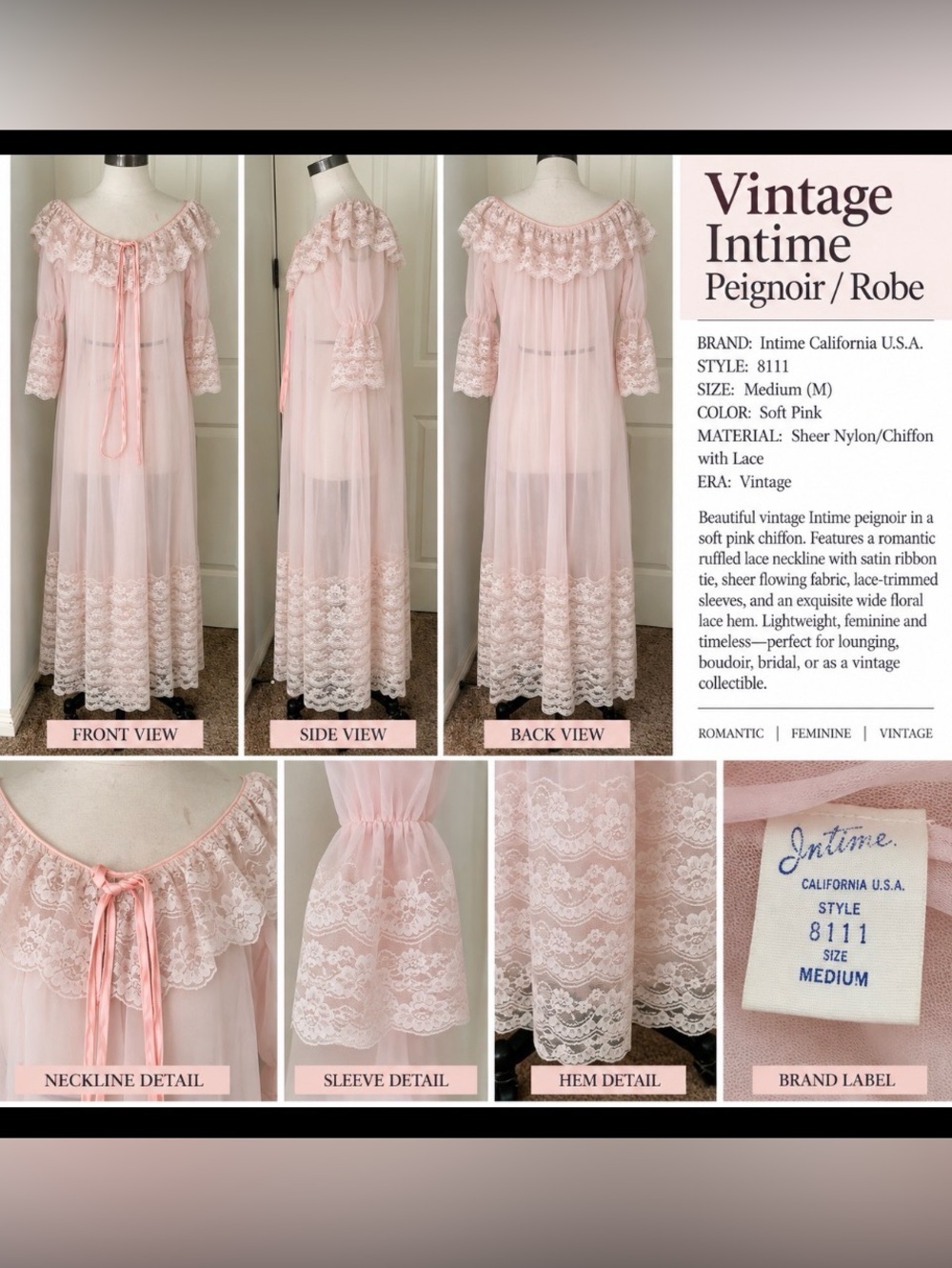 Vintage  Intime Soft Pink Lace-Trim Peignoir Robe - rare beautiful condition